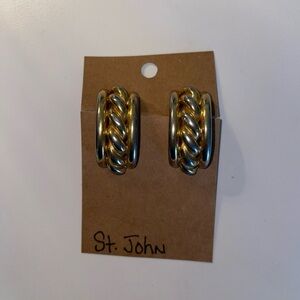 St. John  Earrings Gold Tone Logo Embossed Used Authentic clip on